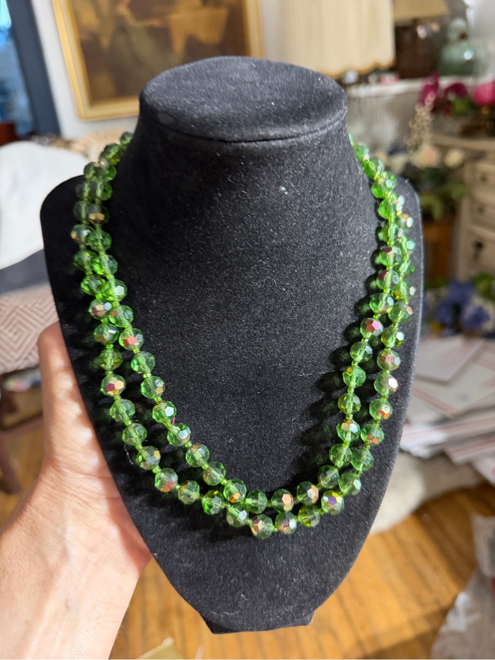 Vintage Silver Tone Double Strand Green Aurora Borealis Crystal Beaded Necklace